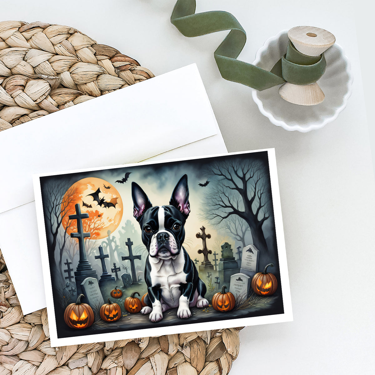 Caroline's Treasures DAC2021GCA7P Boston Terrier Spooky Halloween Greeting Cards and Envelopes Pack of 8 Blank Cards with Envelopes Whimsical A7 Size 5x7 Blank Greeting Cards