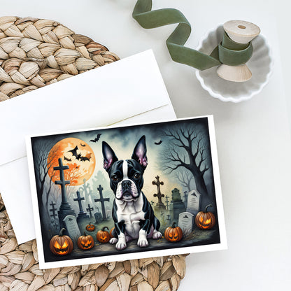 Caroline's Treasures DAC2021GCA7P Boston Terrier Spooky Halloween Greeting Cards and Envelopes Pack of 8 Blank Cards with Envelopes Whimsical A7 Size 5x7 Blank Greeting Cards