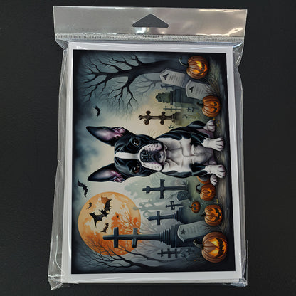 Caroline's Treasures DAC2021GCA7P Boston Terrier Spooky Halloween Greeting Cards and Envelopes Pack of 8 Blank Cards with Envelopes Whimsical A7 Size 5x7 Blank Greeting Cards