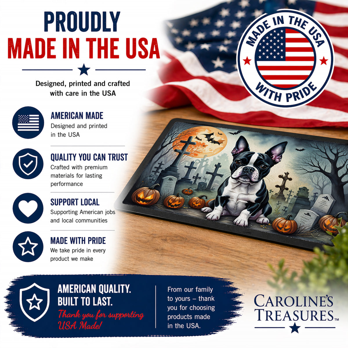 Caroline's Treasures DAC2021JMAT Boston Terrier Spooky Halloween Indoor or Outdoor Mat 24x36 Front Door Mat Indoor Outdoor Rugs for Entryway, Non Slip Washable Low Pile, 24H X 36W