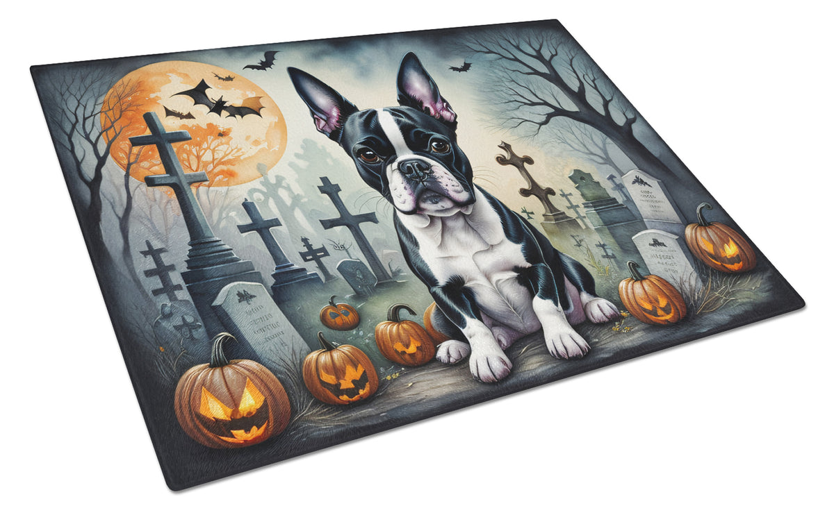 Caroline's Treasures DAC2021LCB Boston Terrier Spooky Halloween Glass Cutting Board Large Decorative Tempered Glass Kitchen Cutting and Serving Board Large Size Chopping Board