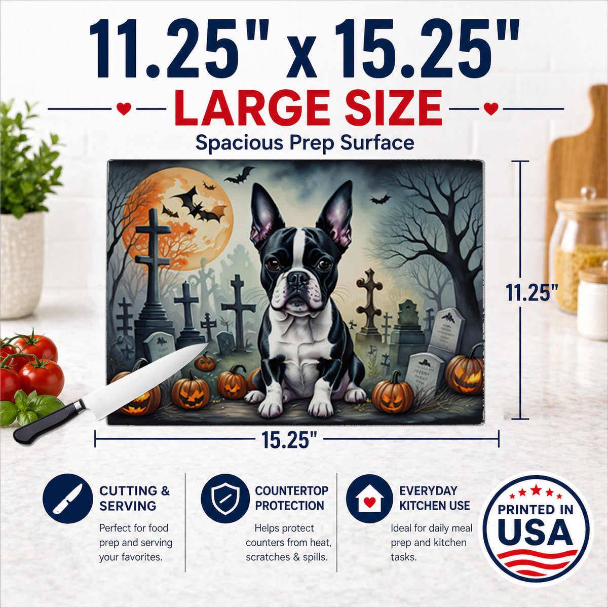 Caroline's Treasures DAC2021LCB Boston Terrier Spooky Halloween Glass Cutting Board Large Decorative Tempered Glass Kitchen Cutting and Serving Board Large Size Chopping Board