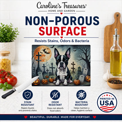 Caroline's Treasures DAC2021LCB Boston Terrier Spooky Halloween Glass Cutting Board Large Decorative Tempered Glass Kitchen Cutting and Serving Board Large Size Chopping Board