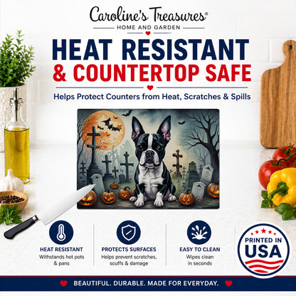 Caroline's Treasures DAC2021LCB Boston Terrier Spooky Halloween Glass Cutting Board Large Decorative Tempered Glass Kitchen Cutting and Serving Board Large Size Chopping Board
