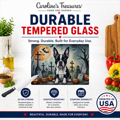 Caroline's Treasures DAC2021LCB Boston Terrier Spooky Halloween Glass Cutting Board Large Decorative Tempered Glass Kitchen Cutting and Serving Board Large Size Chopping Board
