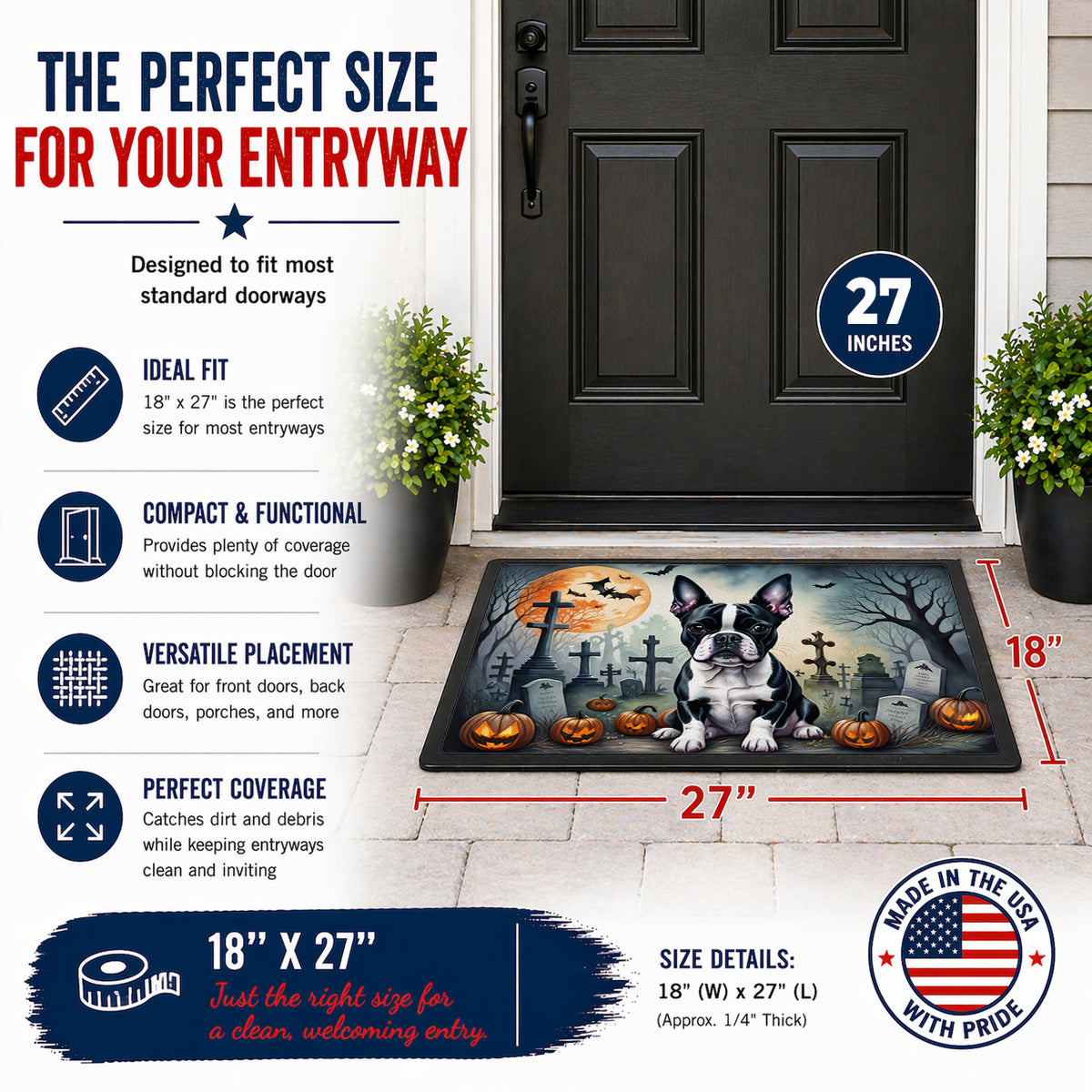 Caroline's Treasures DAC2021MAT Boston Terrier Spooky Halloween Doormat 18x27 Front Door Mat Indoor Outdoor Rugs for Entryway, Non Slip Washable Low Pile, 18H X 27W