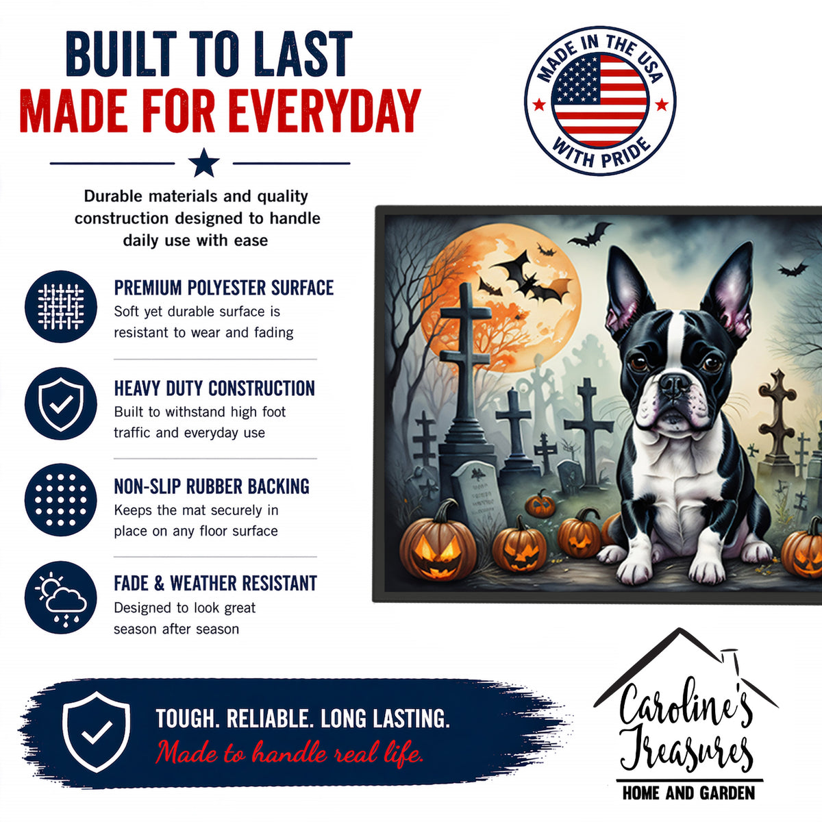 Caroline's Treasures DAC2021MAT Boston Terrier Spooky Halloween Doormat 18x27 Front Door Mat Indoor Outdoor Rugs for Entryway, Non Slip Washable Low Pile, 18H X 27W