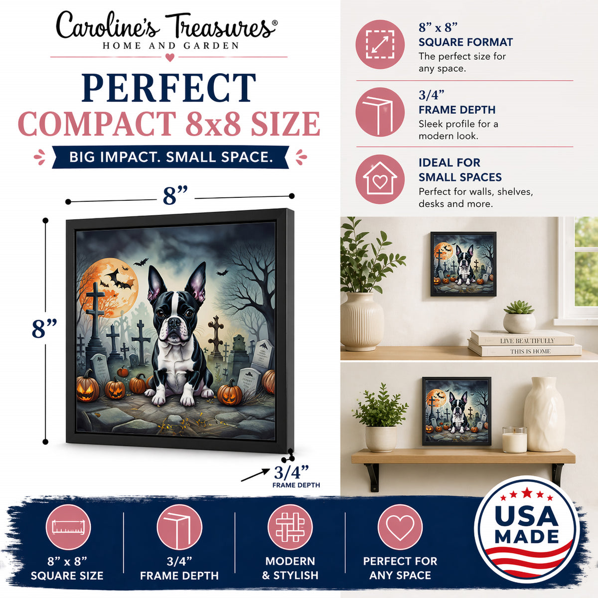 Caroline's Treasures Boston Terrier Dogs Framed Metal Wall Art 8 x 8 Inch