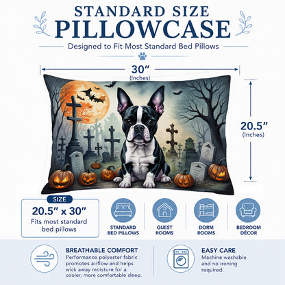 Caroline's Treasures DAC2021PILLOWCASE Boston Terrier Spooky Halloween Fabric Standard Pillowcase Lightweight Super Soft Easy Care Decorative Artwork Pillowcase, Standard