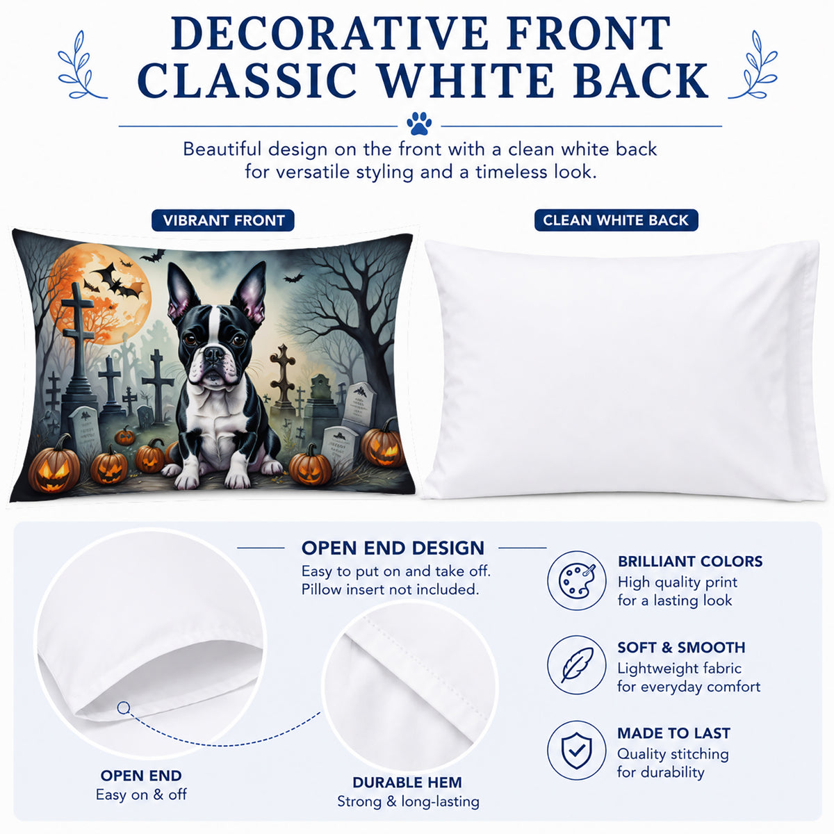 Caroline's Treasures DAC2021PILLOWCASE Boston Terrier Spooky Halloween Fabric Standard Pillowcase Lightweight Super Soft Easy Care Decorative Artwork Pillowcase, Standard