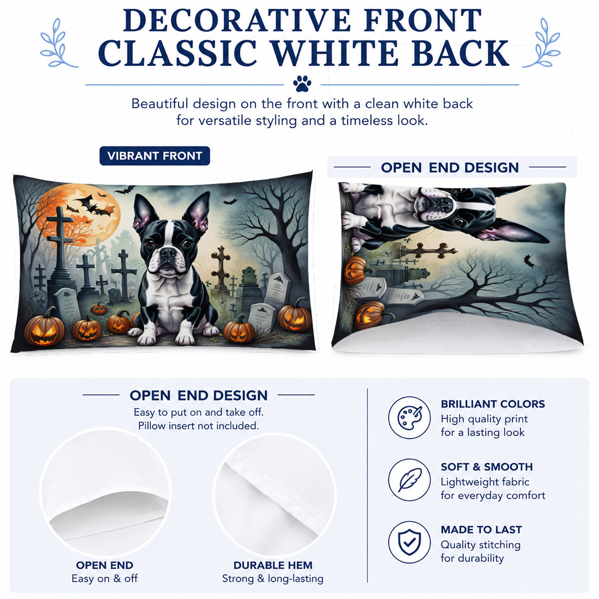 Caroline's Treasures DAC2021PILLOWCASE Boston Terrier Spooky Halloween Fabric Standard Pillowcase Lightweight Super Soft Easy Care Decorative Artwork Pillowcase, Standard