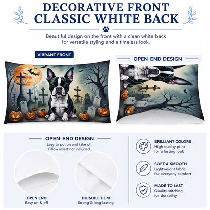 Caroline's Treasures DAC2021PILLOWCASE Boston Terrier Spooky Halloween Fabric Standard Pillowcase Lightweight Super Soft Easy Care Decorative Artwork Pillowcase, Standard