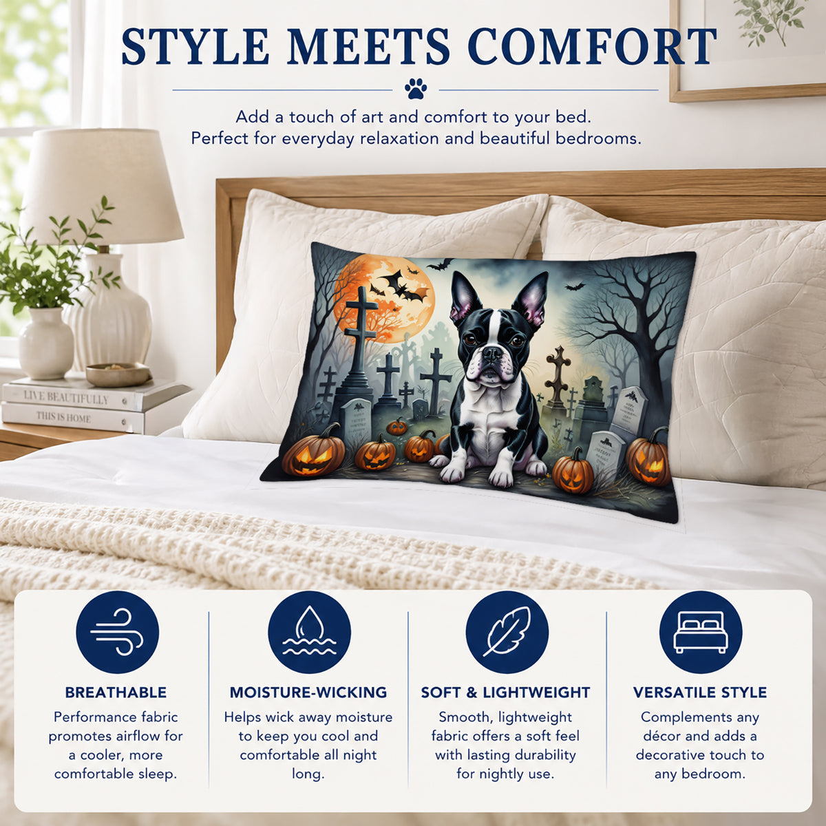 Caroline's Treasures DAC2021PILLOWCASE Boston Terrier Spooky Halloween Fabric Standard Pillowcase Lightweight Super Soft Easy Care Decorative Artwork Pillowcase, Standard
