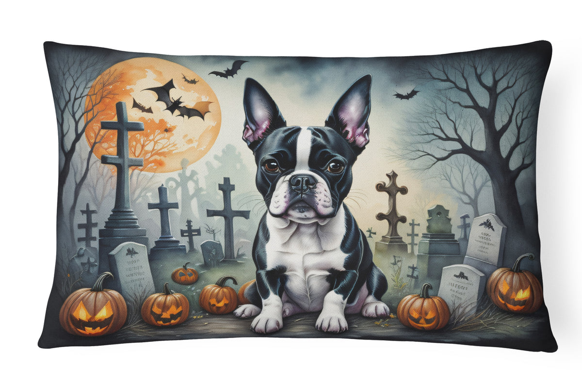 Caroline's Treasures DAC2021PW1216 Boston Terrier Spooky Halloween Fabric Decorative Pillow Machine Washable, Indoor Outdoor Decorative Pillow for Couch, Bed or Patio, 12HX16W