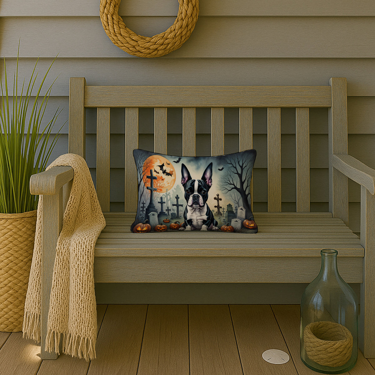 Caroline's Treasures DAC2021PW1216 Boston Terrier Spooky Halloween Fabric Decorative Pillow Machine Washable, Indoor Outdoor Decorative Pillow for Couch, Bed or Patio, 12HX16W