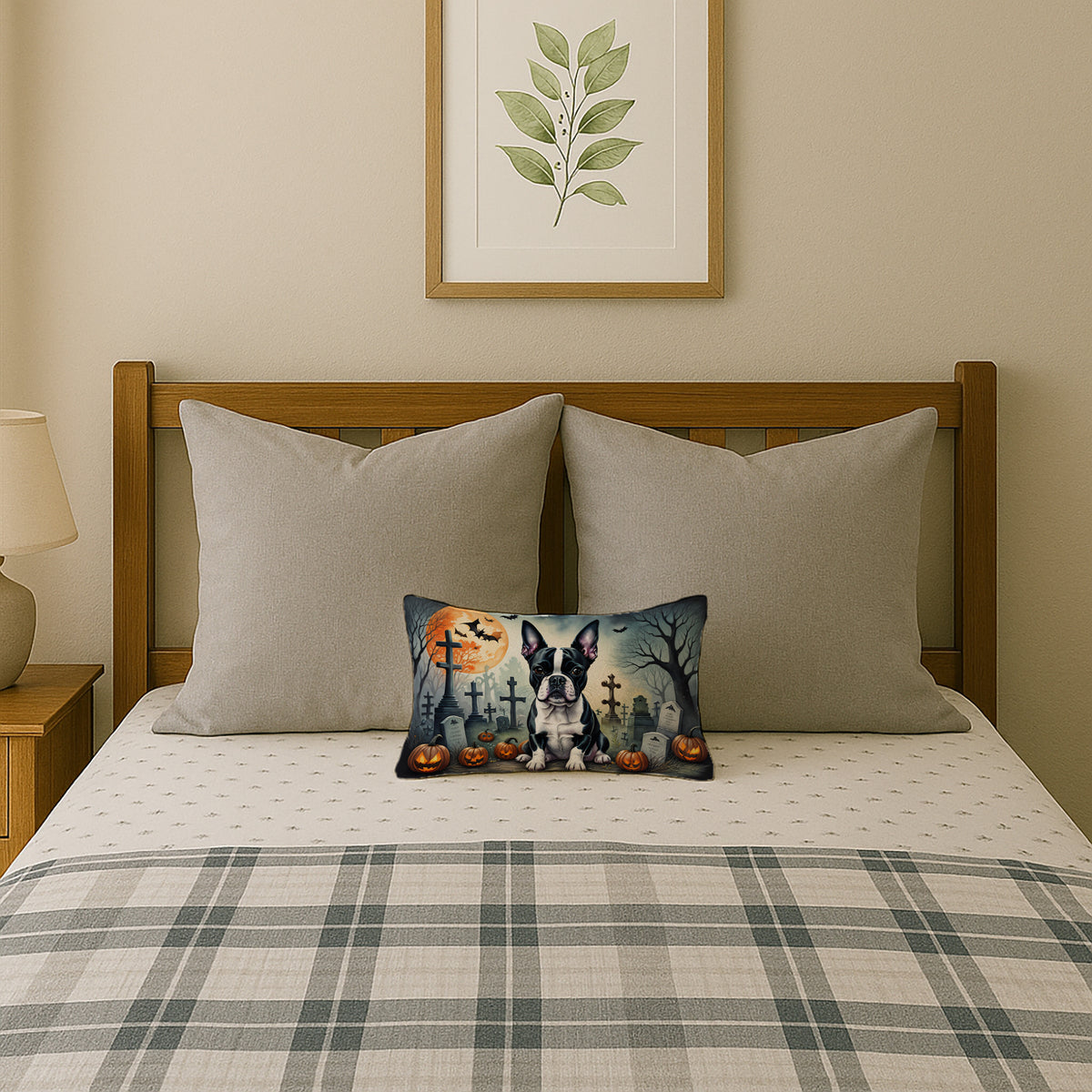 Caroline's Treasures DAC2021PW1216 Boston Terrier Spooky Halloween Fabric Decorative Pillow Machine Washable, Indoor Outdoor Decorative Pillow for Couch, Bed or Patio, 12HX16W