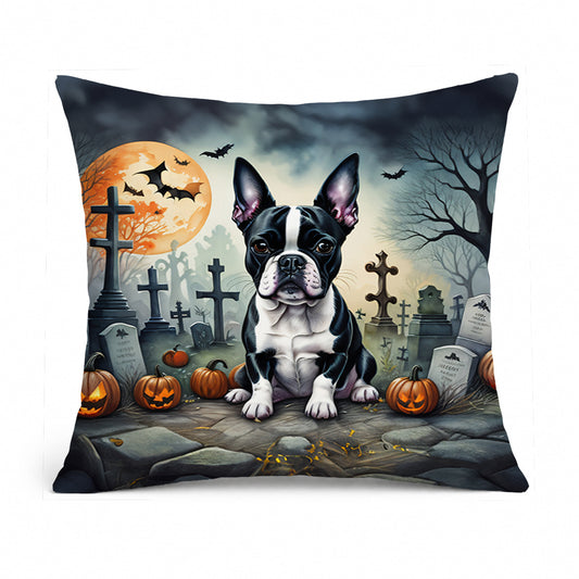 Caroline's Treasures DAC2021PW1414 Boston Terrier Spooky Halloween Fabric Decorative Pillow Machine Washable, Indoor Outdoor Decorative Pillow for Couch, Bed or Patio, 14Hx14W