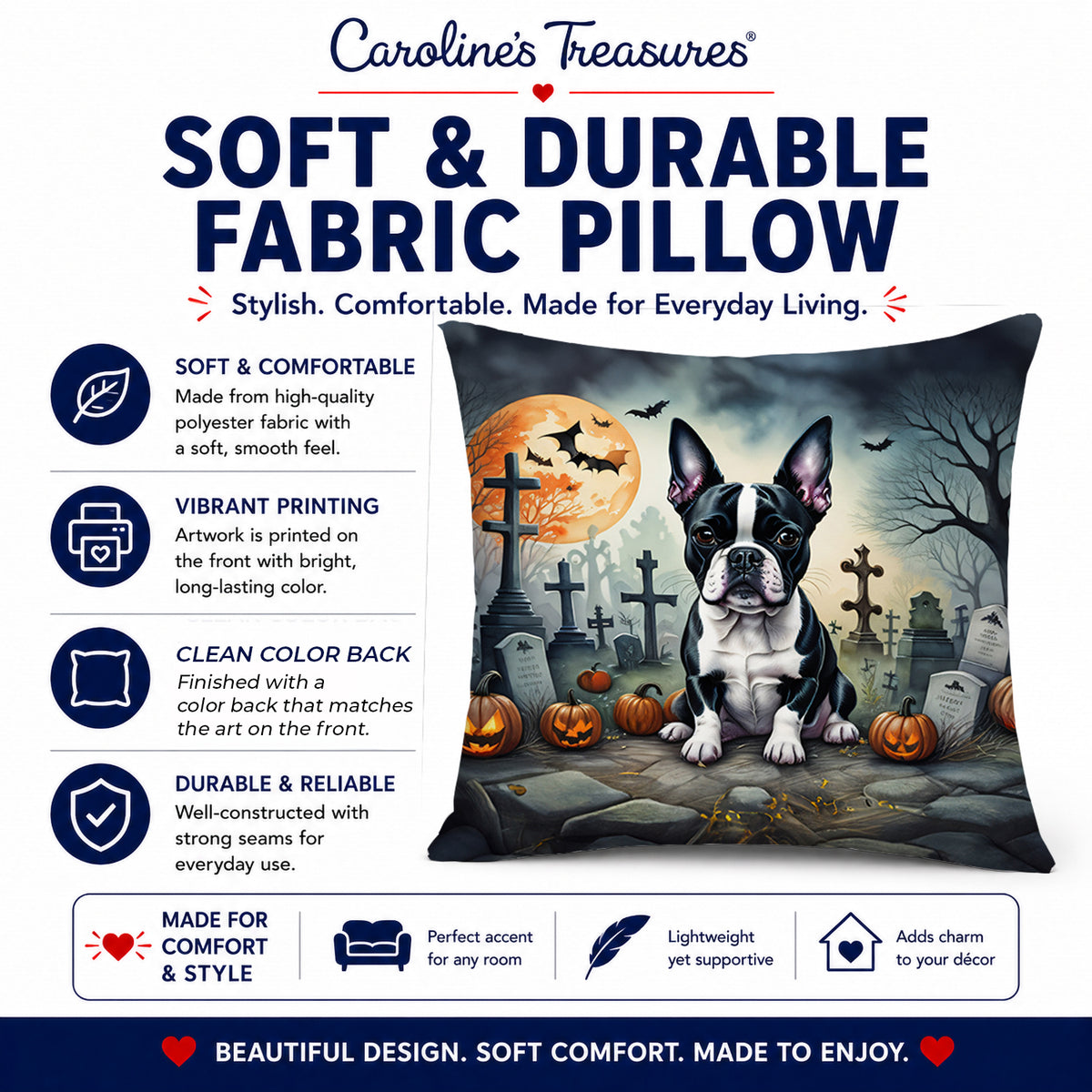 Caroline's Treasures DAC2021PW1414 Boston Terrier Spooky Halloween Fabric Decorative Pillow Machine Washable, Indoor Outdoor Decorative Pillow for Couch, Bed or Patio, 14Hx14W