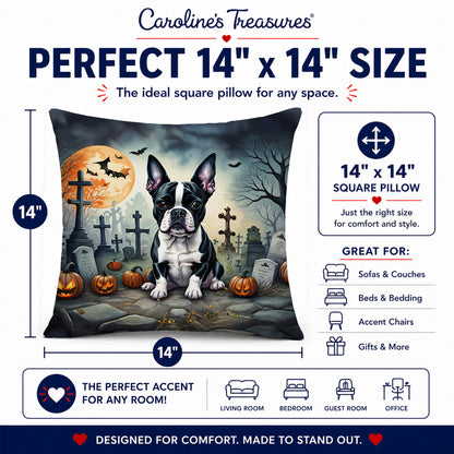 Caroline's Treasures DAC2021PW1414 Boston Terrier Spooky Halloween Fabric Decorative Pillow Machine Washable, Indoor Outdoor Decorative Pillow for Couch, Bed or Patio, 14Hx14W