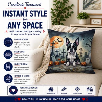 Caroline's Treasures DAC2021PW1414 Boston Terrier Spooky Halloween Fabric Decorative Pillow Machine Washable, Indoor Outdoor Decorative Pillow for Couch, Bed or Patio, 14Hx14W