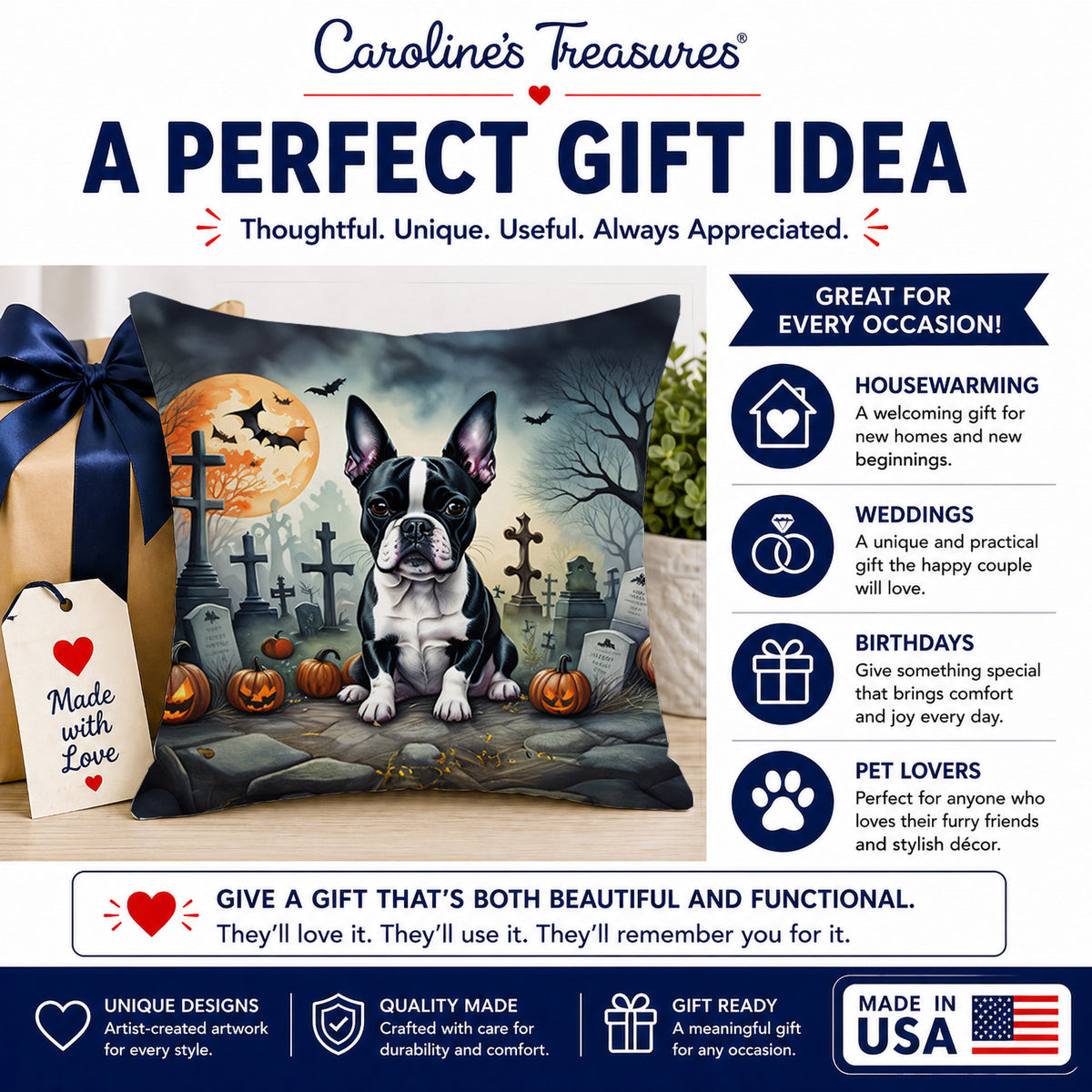 Caroline's Treasures DAC2021PW1414 Boston Terrier Spooky Halloween Fabric Decorative Pillow Machine Washable, Indoor Outdoor Decorative Pillow for Couch, Bed or Patio, 14Hx14W
