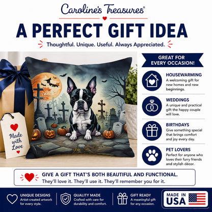 Caroline's Treasures DAC2021PW1414 Boston Terrier Spooky Halloween Fabric Decorative Pillow Machine Washable, Indoor Outdoor Decorative Pillow for Couch, Bed or Patio, 14Hx14W