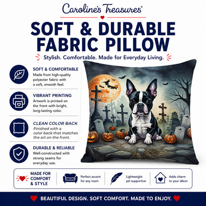 Caroline's Treasures DAC2021PW1818 Boston Terrier Spooky Halloween Fabric Decorative Pillow Machine Washable, Indoor Outdoor Decorative Pillow for Couch, Bed or Patio, 18Hx18W