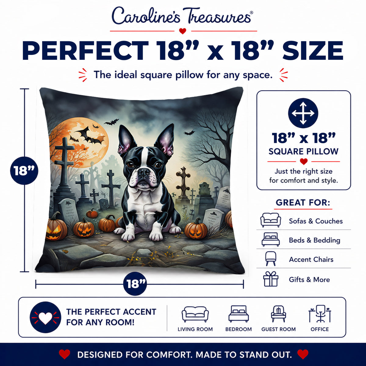 Caroline's Treasures DAC2021PW1818 Boston Terrier Spooky Halloween Fabric Decorative Pillow Machine Washable, Indoor Outdoor Decorative Pillow for Couch, Bed or Patio, 18Hx18W