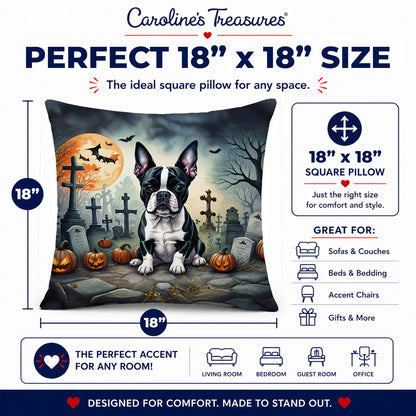 Caroline's Treasures DAC2021PW1818 Boston Terrier Spooky Halloween Fabric Decorative Pillow Machine Washable, Indoor Outdoor Decorative Pillow for Couch, Bed or Patio, 18Hx18W