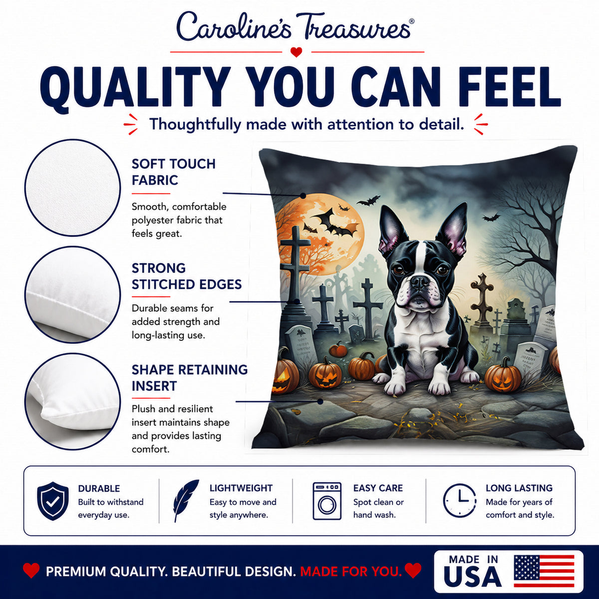 Caroline's Treasures DAC2021PW1818 Boston Terrier Spooky Halloween Fabric Decorative Pillow Machine Washable, Indoor Outdoor Decorative Pillow for Couch, Bed or Patio, 18Hx18W