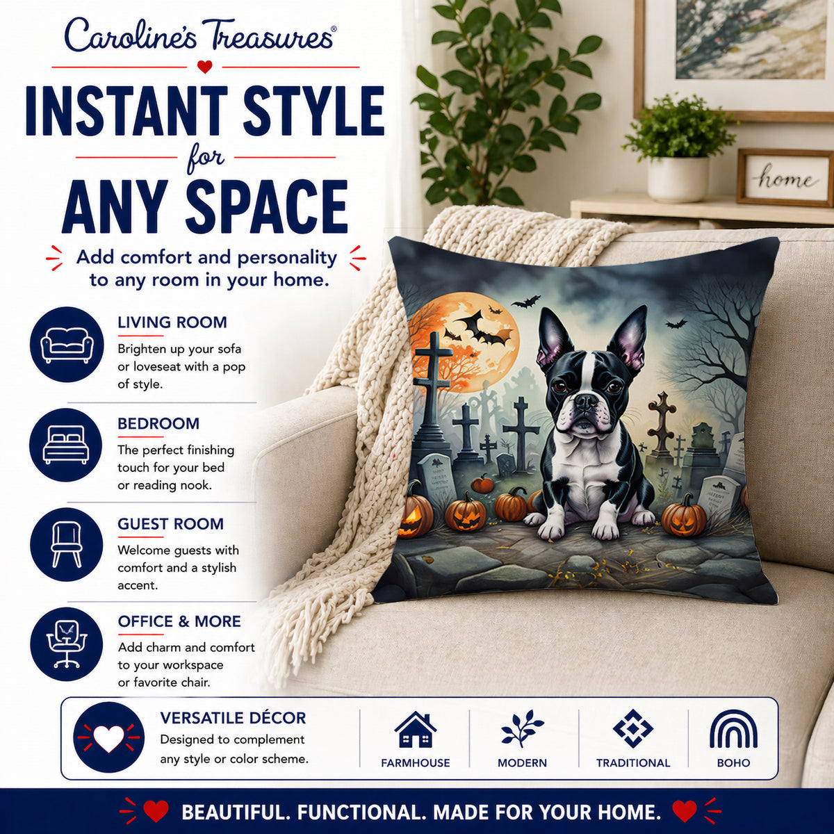 Caroline's Treasures DAC2021PW1818 Boston Terrier Spooky Halloween Fabric Decorative Pillow Machine Washable, Indoor Outdoor Decorative Pillow for Couch, Bed or Patio, 18Hx18W