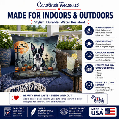 Caroline's Treasures DAC2021PW1818 Boston Terrier Spooky Halloween Fabric Decorative Pillow Machine Washable, Indoor Outdoor Decorative Pillow for Couch, Bed or Patio, 18Hx18W