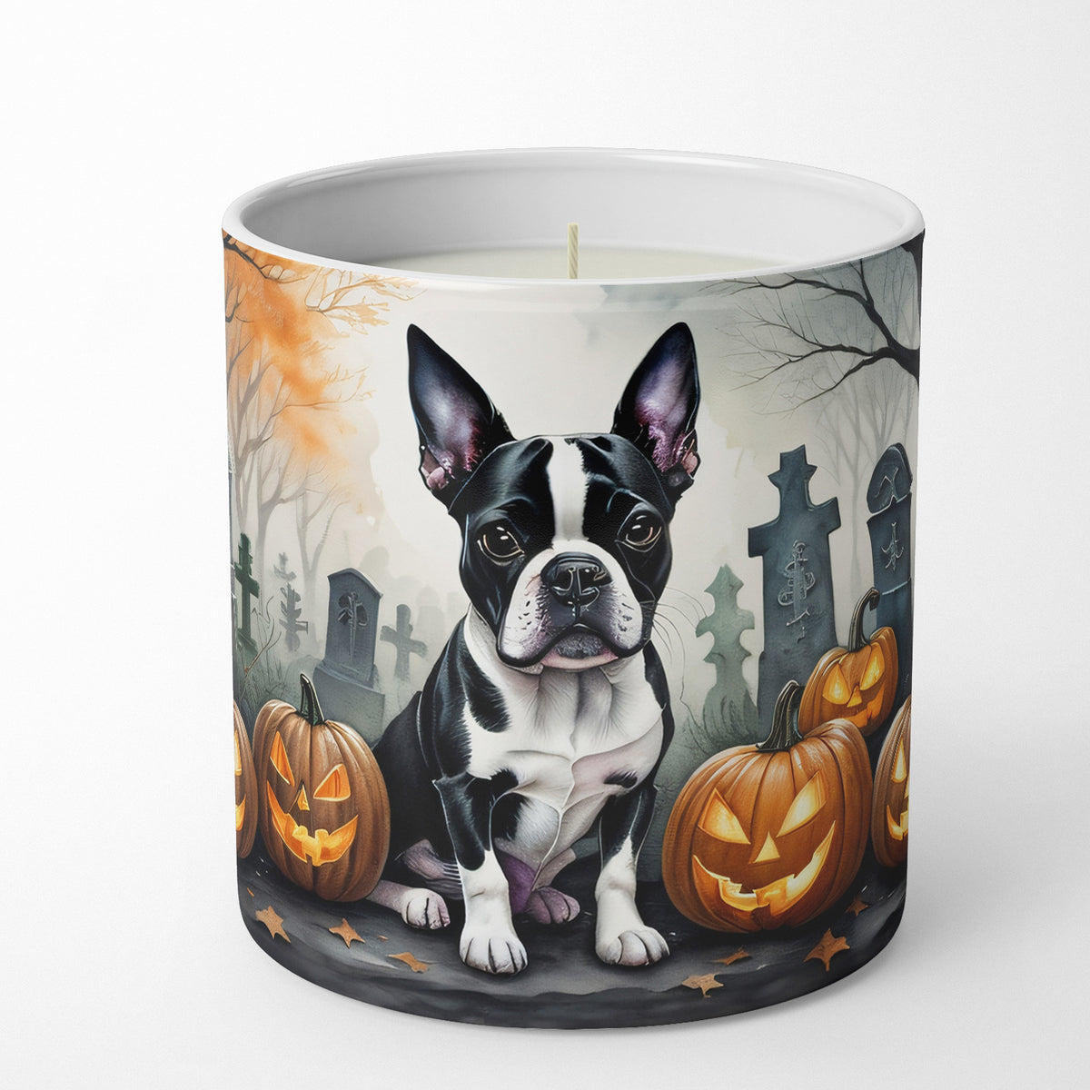 Caroline's Treasures DAC2022CDL Boston Terrier Spooky Halloween Decorative Soy Candle Nature Soy Wax Essential Oil Home Decor Ideal for Bedroom Kitchen Bath Office Gift, 10 oz