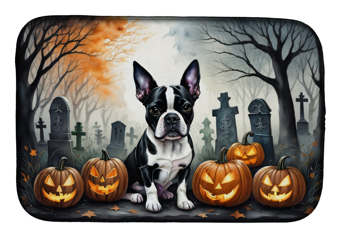 Caroline's Treasures DAC2022DDM Boston Terrier Spooky Halloween Dish Drying Mat Absorbent Dish Drying Mat Pad for Kitchen Counter Dish Drainer Mat for Countertop, 14 x 21, Multicolor