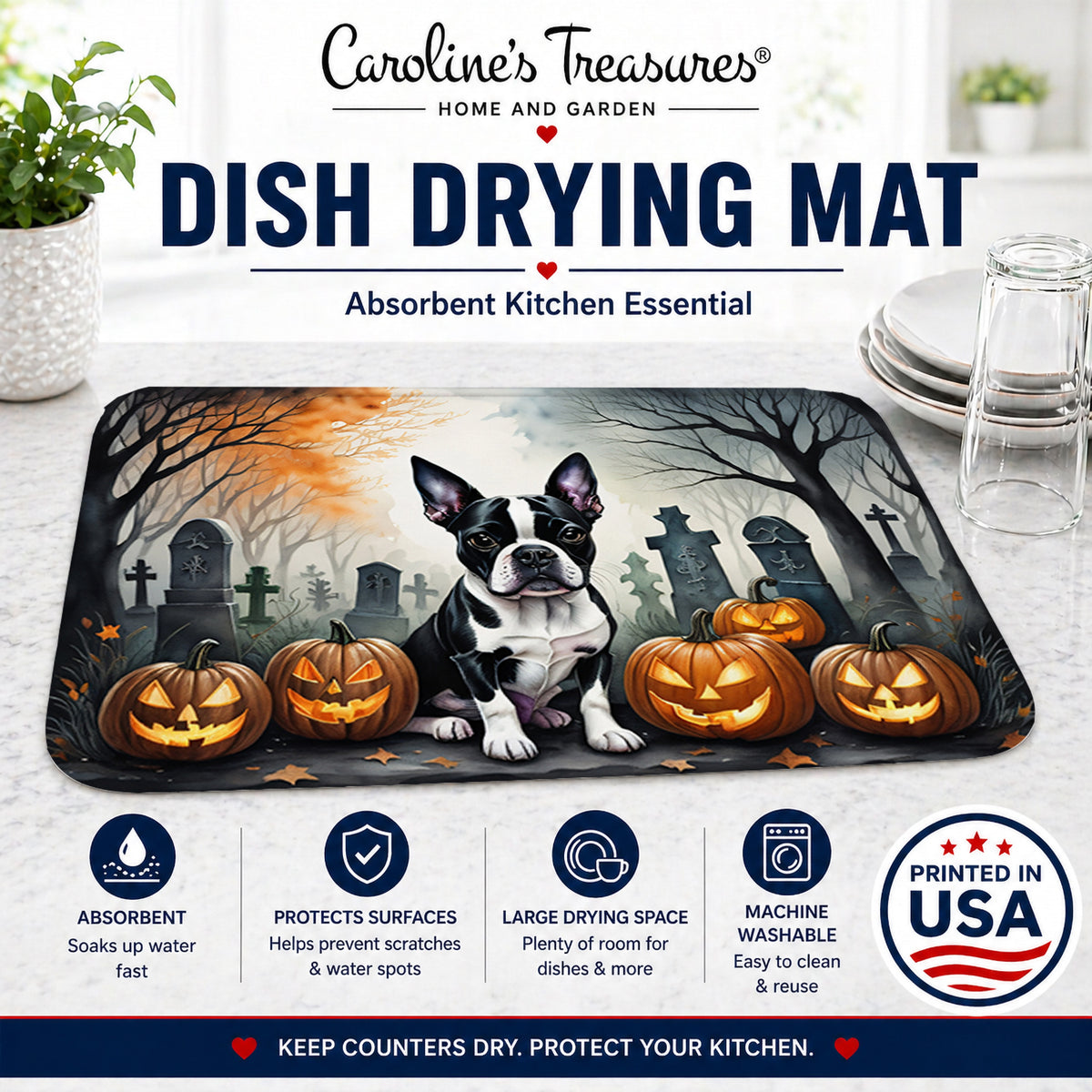 Caroline's Treasures DAC2022DDM Boston Terrier Spooky Halloween Dish Drying Mat Absorbent Dish Drying Mat Pad for Kitchen Counter Dish Drainer Mat for Countertop, 14 x 21, Multicolor