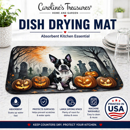Caroline's Treasures DAC2022DDM Boston Terrier Spooky Halloween Dish Drying Mat Absorbent Dish Drying Mat Pad for Kitchen Counter Dish Drainer Mat for Countertop, 14 x 21, Multicolor