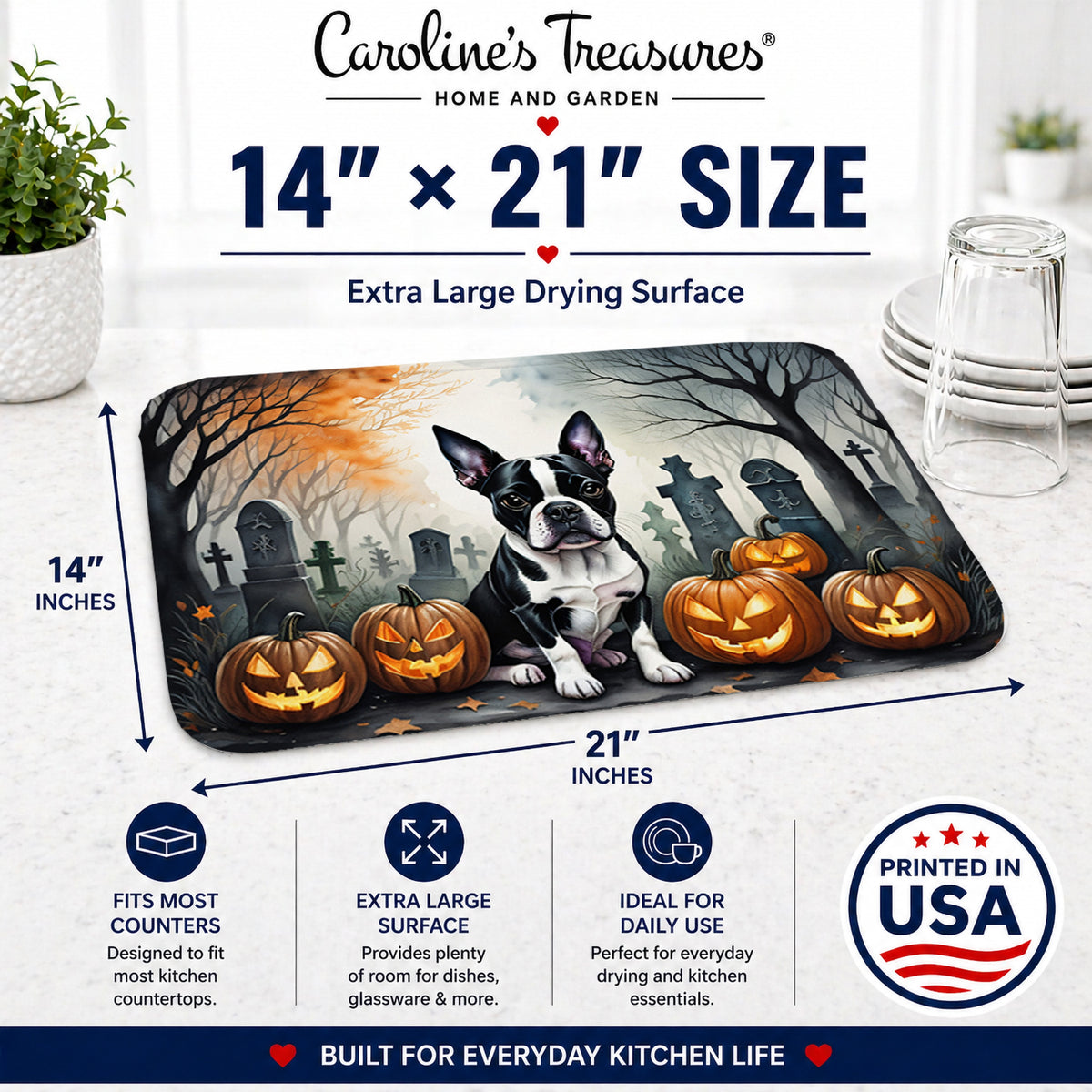 Caroline's Treasures DAC2022DDM Boston Terrier Spooky Halloween Dish Drying Mat Absorbent Dish Drying Mat Pad for Kitchen Counter Dish Drainer Mat for Countertop, 14 x 21, Multicolor