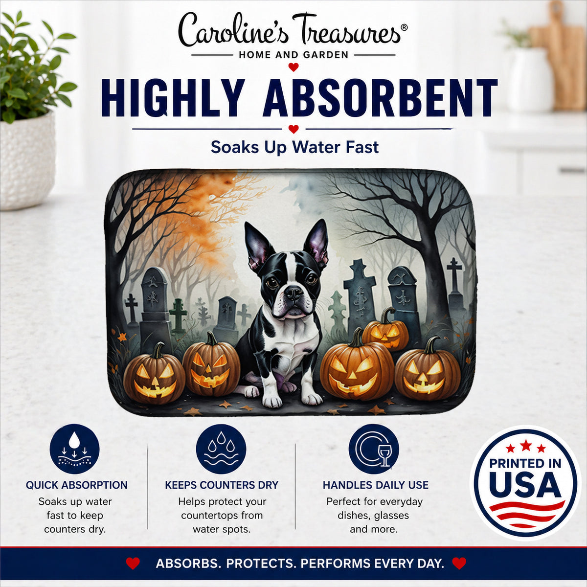 Caroline's Treasures DAC2022DDM Boston Terrier Spooky Halloween Dish Drying Mat Absorbent Dish Drying Mat Pad for Kitchen Counter Dish Drainer Mat for Countertop, 14 x 21, Multicolor