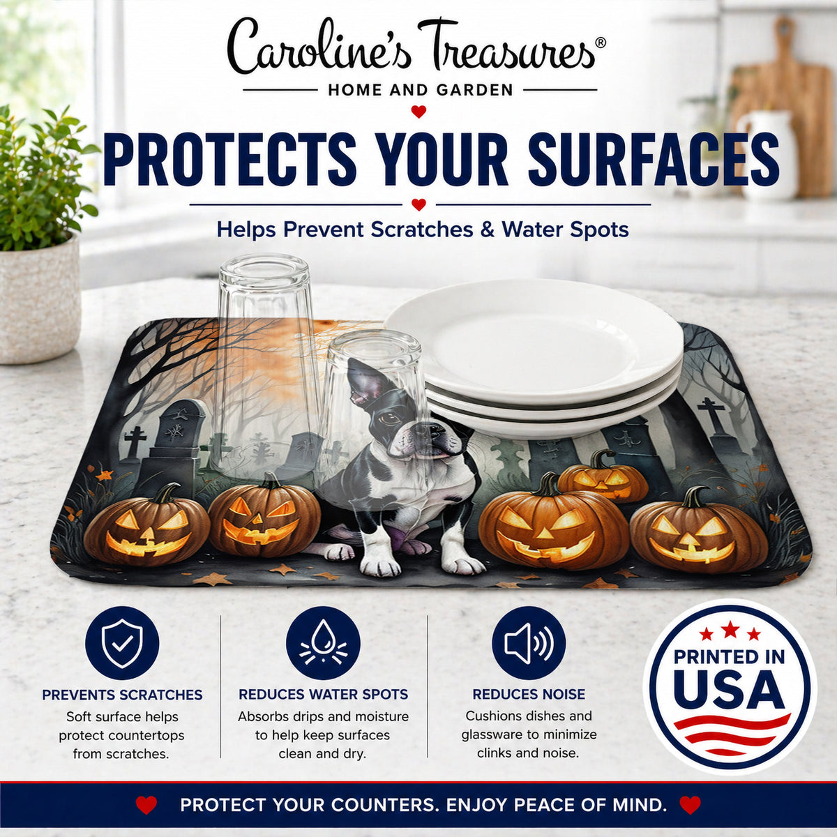 Caroline's Treasures DAC2022DDM Boston Terrier Spooky Halloween Dish Drying Mat Absorbent Dish Drying Mat Pad for Kitchen Counter Dish Drainer Mat for Countertop, 14 x 21, Multicolor