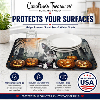 Caroline's Treasures DAC2022DDM Boston Terrier Spooky Halloween Dish Drying Mat Absorbent Dish Drying Mat Pad for Kitchen Counter Dish Drainer Mat for Countertop, 14 x 21, Multicolor