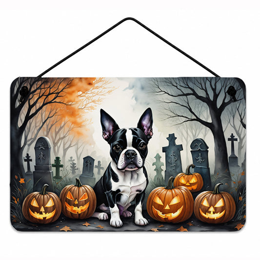 Caroline's Treasures DAC2022DS812 Boston Terrier Spooky Halloween Wall or Door Hanging Prints Aluminum Metal Sign Kitchen Wall Bar Bathroom Plaque Home Decor, 8x12, Multicolor