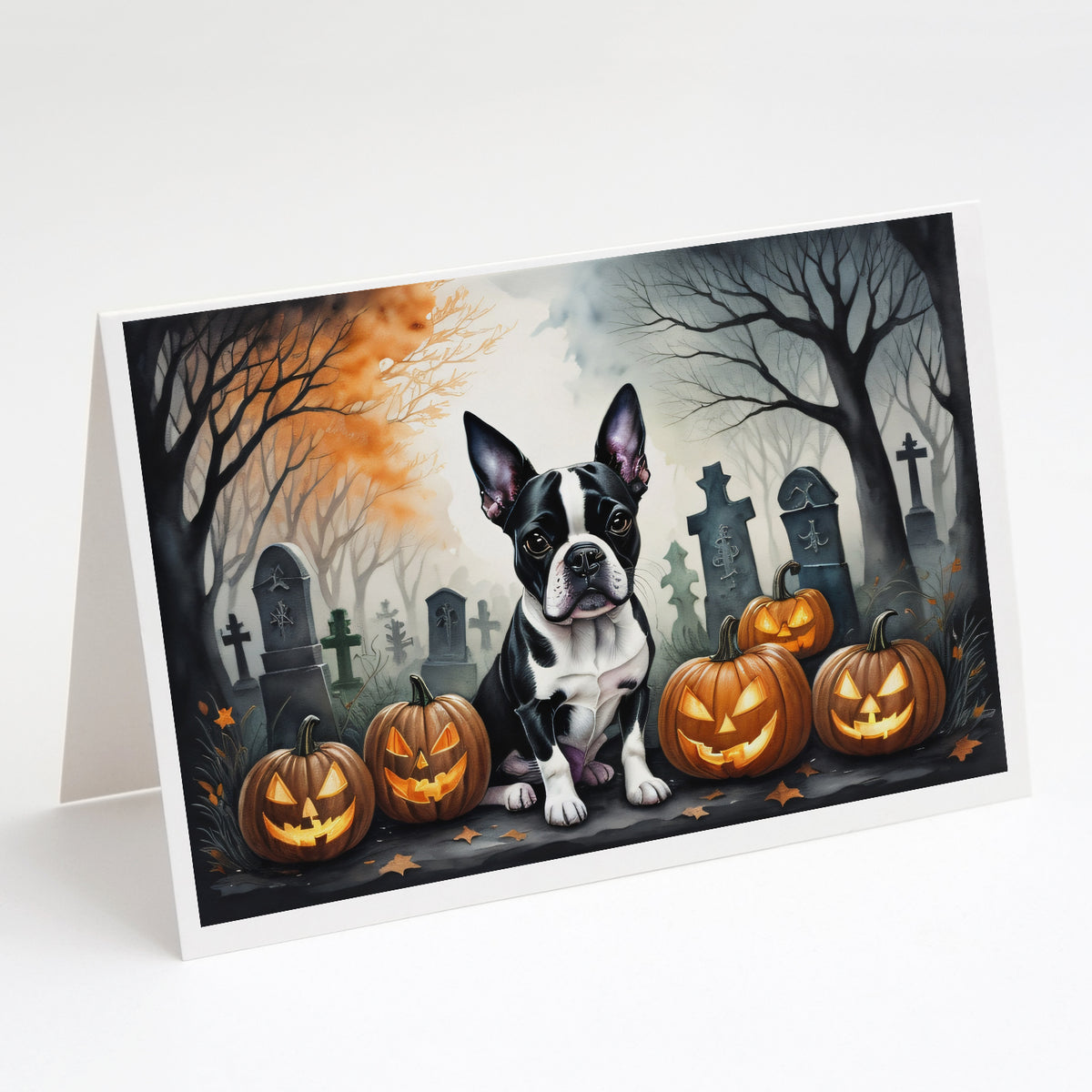 Caroline's Treasures DAC2022GCA7P Boston Terrier Spooky Halloween Greeting Cards and Envelopes Pack of 8 Blank Cards with Envelopes Whimsical A7 Size 5x7 Blank Greeting Cards