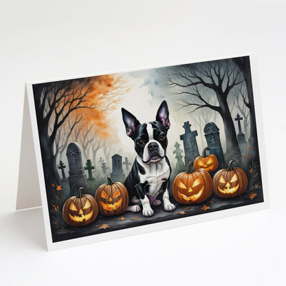 Caroline's Treasures DAC2022GCA7P Boston Terrier Spooky Halloween Greeting Cards and Envelopes Pack of 8 Blank Cards with Envelopes Whimsical A7 Size 5x7 Blank Greeting Cards