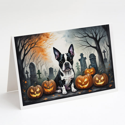 Caroline's Treasures DAC2022GCA7P Boston Terrier Spooky Halloween Greeting Cards and Envelopes Pack of 8 Blank Cards with Envelopes Whimsical A7 Size 5x7 Blank Greeting Cards