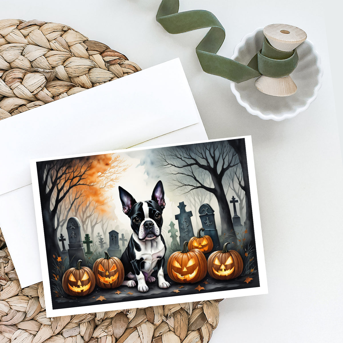 Caroline's Treasures DAC2022GCA7P Boston Terrier Spooky Halloween Greeting Cards and Envelopes Pack of 8 Blank Cards with Envelopes Whimsical A7 Size 5x7 Blank Greeting Cards