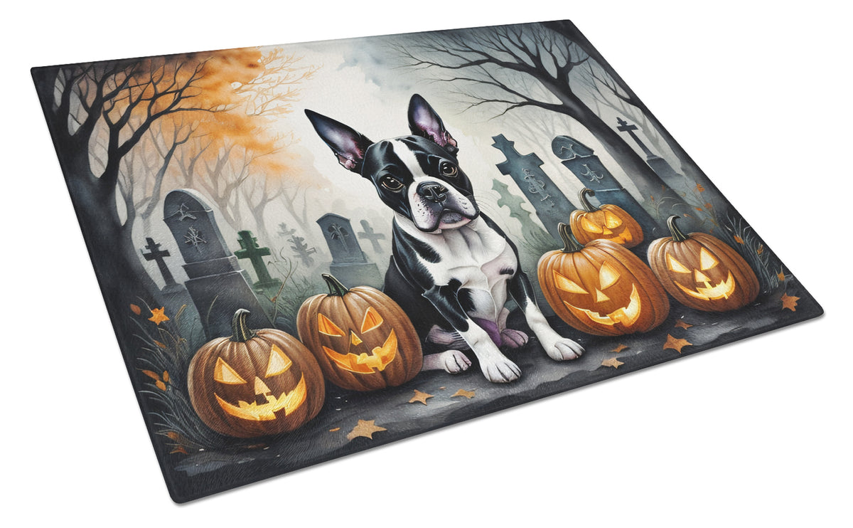 Caroline's Treasures DAC2022LCB Boston Terrier Spooky Halloween Glass Cutting Board Large Decorative Tempered Glass Kitchen Cutting and Serving Board Large Size Chopping Board