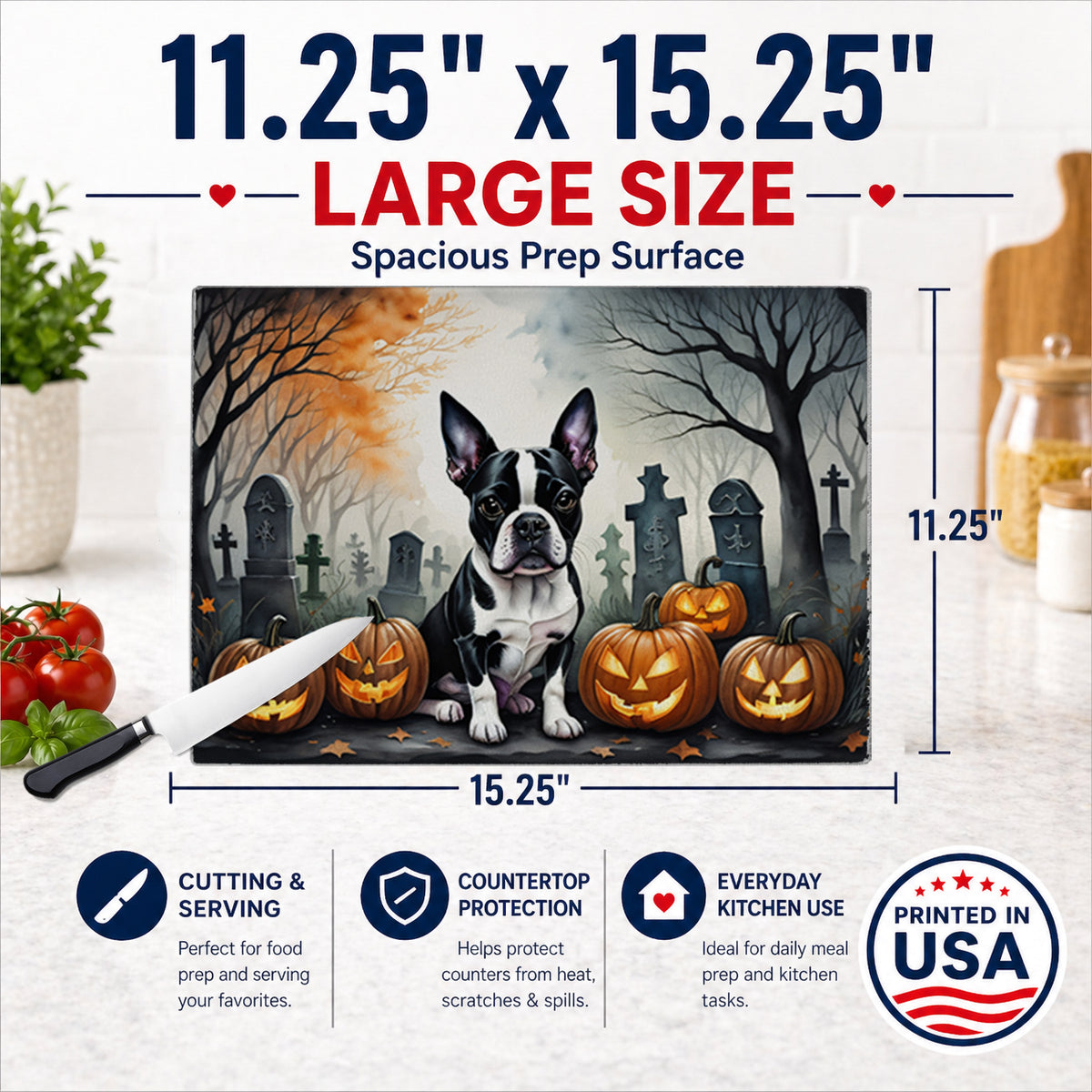 Caroline's Treasures DAC2022LCB Boston Terrier Spooky Halloween Glass Cutting Board Large Decorative Tempered Glass Kitchen Cutting and Serving Board Large Size Chopping Board
