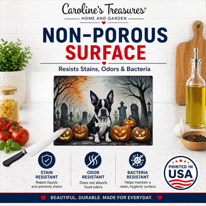 Caroline's Treasures DAC2022LCB Boston Terrier Spooky Halloween Glass Cutting Board Large Decorative Tempered Glass Kitchen Cutting and Serving Board Large Size Chopping Board