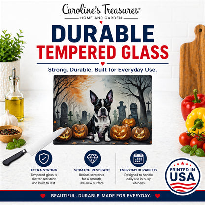 Caroline's Treasures DAC2022LCB Boston Terrier Spooky Halloween Glass Cutting Board Large Decorative Tempered Glass Kitchen Cutting and Serving Board Large Size Chopping Board