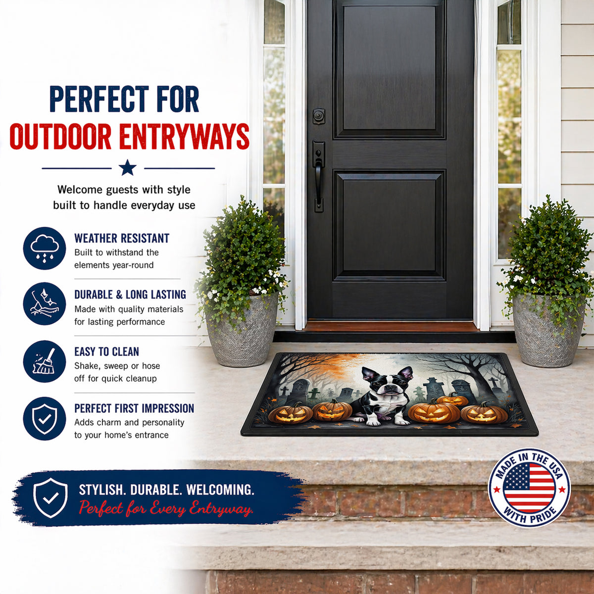 Caroline's Treasures DAC2022MAT Boston Terrier Spooky Halloween Doormat 18x27 Front Door Mat Indoor Outdoor Rugs for Entryway, Non Slip Washable Low Pile, 18H X 27W